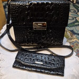 Brahmin Black Leather Crocodile Embossed Crossbody Bag And Matching Wallet